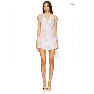 LoveShackFancy Pink and Blue Prim Mini Silk Dress